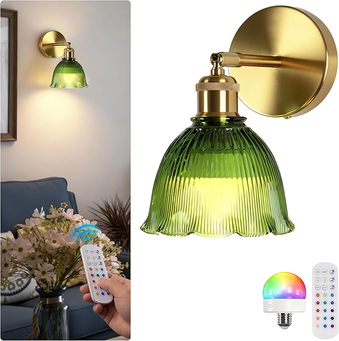 Vintage Battery Operated Wall Sconce with Green Ripple Glass Lampshade Rechargeable Battery Powered Wall Light with Remote Control for Bedside Bedroom Bathroom, Set of 1