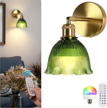 Vintage Battery Operated Wall Sconce with Green Ripple Glass Lampshade Rechargeable Battery Powered Wall Light with Remote Control for Bedside Bedroom Bathroom, Set of 1