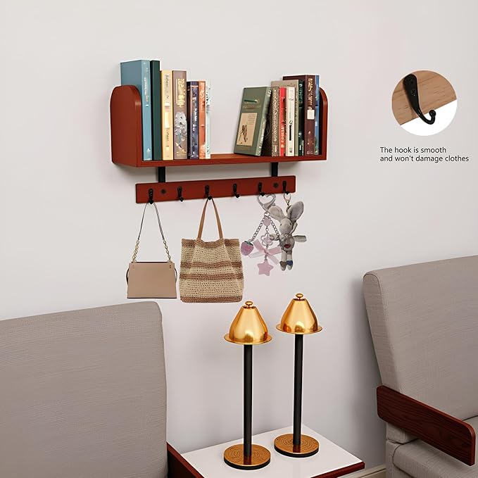 Selling at a Loss Promotion,Wooden Shelf with Hooks - Multipurpose Organizer for Kitchen, Books, Kitchen Shelf - Wall Mounted Natural Wood Storage Rack for Home，Floating Book Shelves