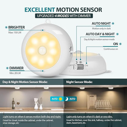 Motion Sensor Light Indoor AA Battery Operated, Under Cabinet Lighting, Magnetic Stick on LED Puck Lights for Stair, Wall, Closet, Dimmable, 3000K Warm White (3 Pack)