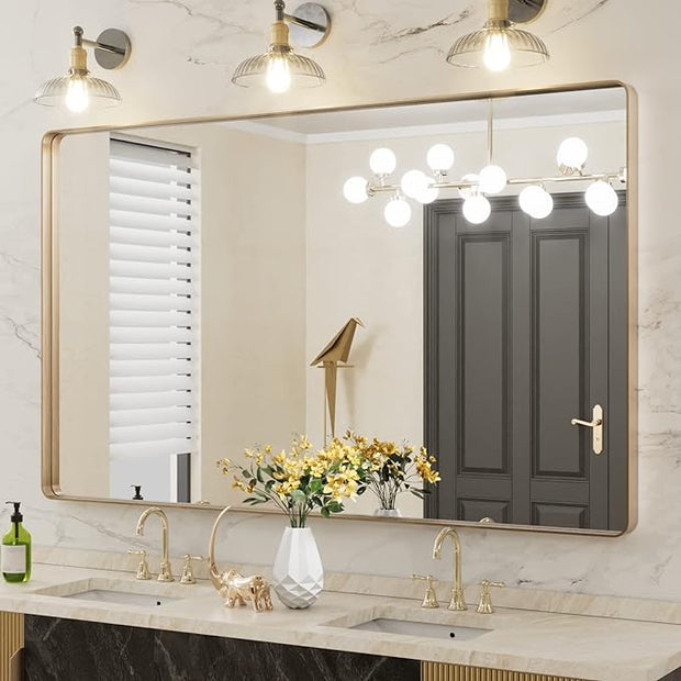 LOAAO 60”X36” Gold Bathroom Mirror, Rounded Rectangle Gold Frame Mirror, Brushed Gold Bathroom Vanity Mirror Wall-Mounted, Anti-Rust, Tempered Glass, Hangs Horizontally or Vertically
