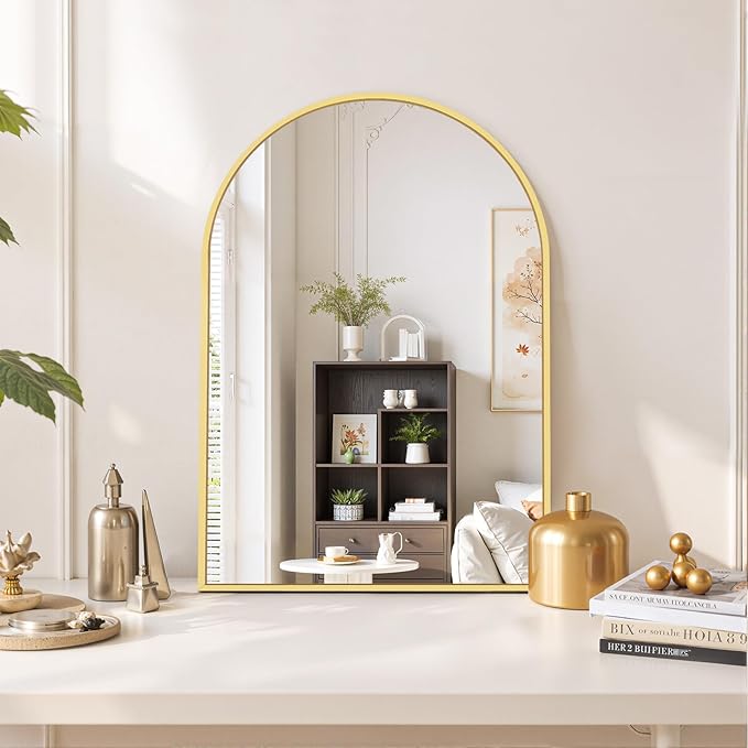 Arched Wall Mirror 30x20 Inch Gold Bathroom Vanity Mirror with Metal Frame, Modern Arch Mirror for Bedroom, Living Room, Entryway, Wall Mounted Decorative Mirror