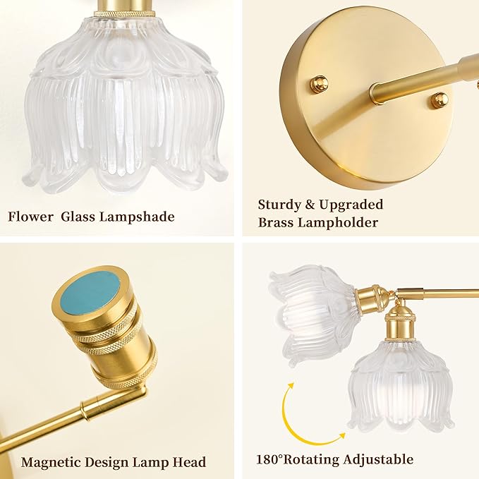 Vintage Battery Wall Sconce with Flower lampshade,Rechargeable Battery Powered Wall Lights,Wall lamp with 15 Colors for Bedroom Living Room Home Decor (Flower White, 2 Light Battery Operated)