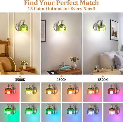 VerRon Rechargeable Battery Operated Wall Sconce with Green Glass Lampshade, Wireless Wall Scone Decor with Remote Control, 15 Colors Brushed Nickle Wall Light for Bedside Hallway Bedroom Doorway