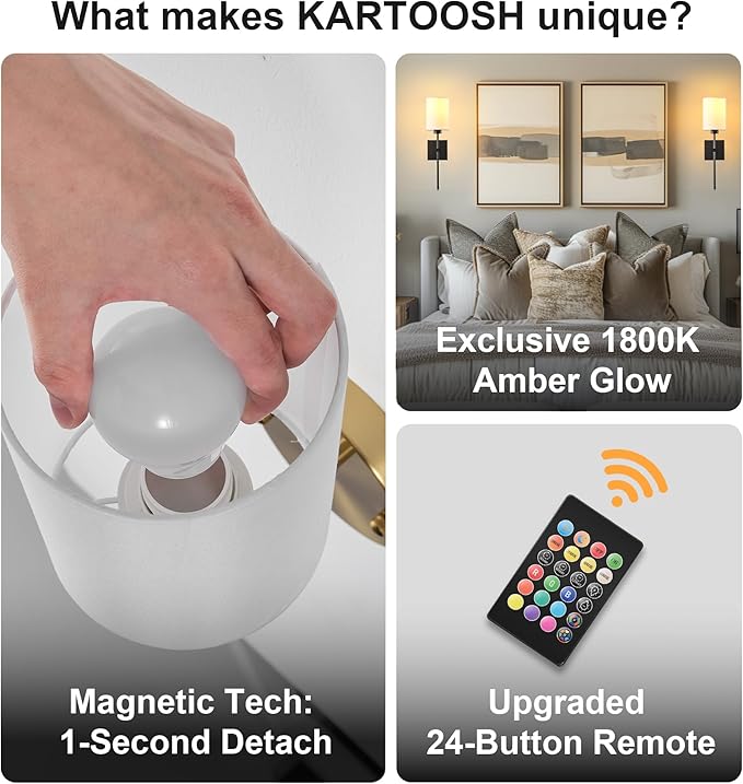 Battery Operated Wall Sconce Set of Two, Wireless Rechargeable Wall Light with Remote Control, Dimmable, 4 Color Temperatures, RGB, Timer, for Living Room,Bedroom,Entryway, Black, 20.6 Inch