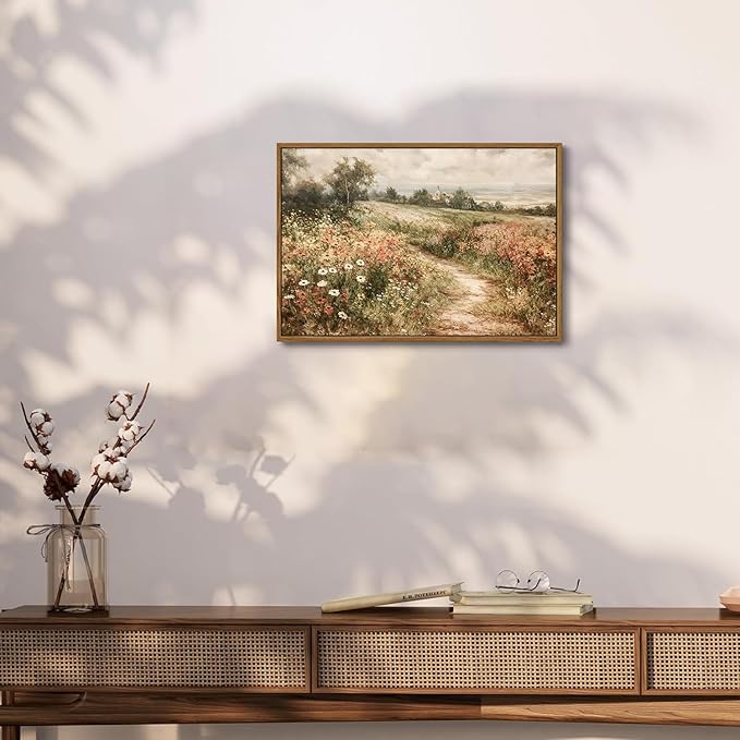 OIQArtOIQ Framed Canvas Wall Art,Vintage Decor,Landscape Nature Country Wildflower Paintings Farmhouse Pictures Modern Artwork Rustic Fall Flower Prints Cottagecore Office Living Room Bedroom Bathroom