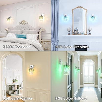 Set of 2 Crystal Battery Operated Wall Sconce,Rechargeable Wall Lamp with 5400mAh Battery & Remote Control, Modern Dimmable Wireless Wall Lights for Bedroom Bathroom (Green, Silver Base)