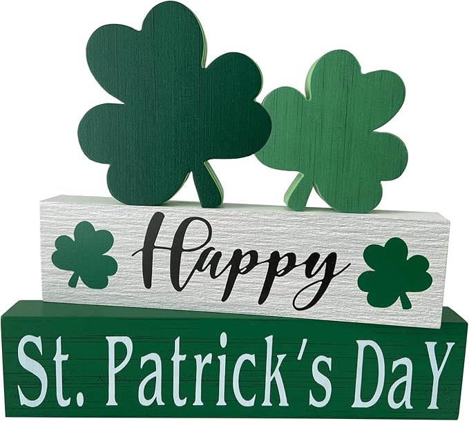 Happy St. Patrick's Day Table Decor Shamrock Home Office Wooden Table Top Decor Centerpiece Decorations for Tiered Trays Shelf Coffee Bar Mantle Windowsill