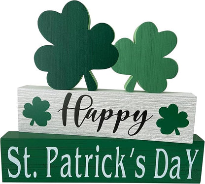 Happy St. Patrick's Day Table Decor Shamrock Home Office Wooden Table Top Decor Centerpiece Decorations for Tiered Trays Shelf Coffee Bar Mantle Windowsill