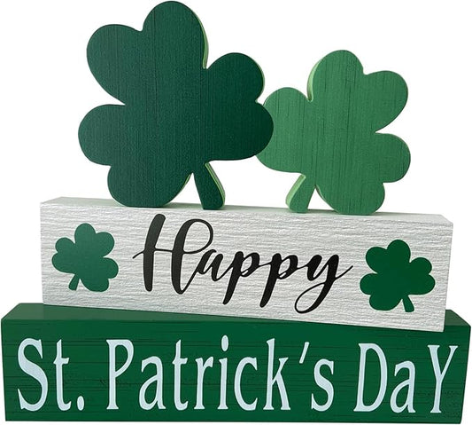 Happy St. Patrick's Day Table Decor Shamrock Home Office Wooden Table Top Decor Centerpiece Decorations for Tiered Trays Shelf Coffee Bar Mantle Windowsill