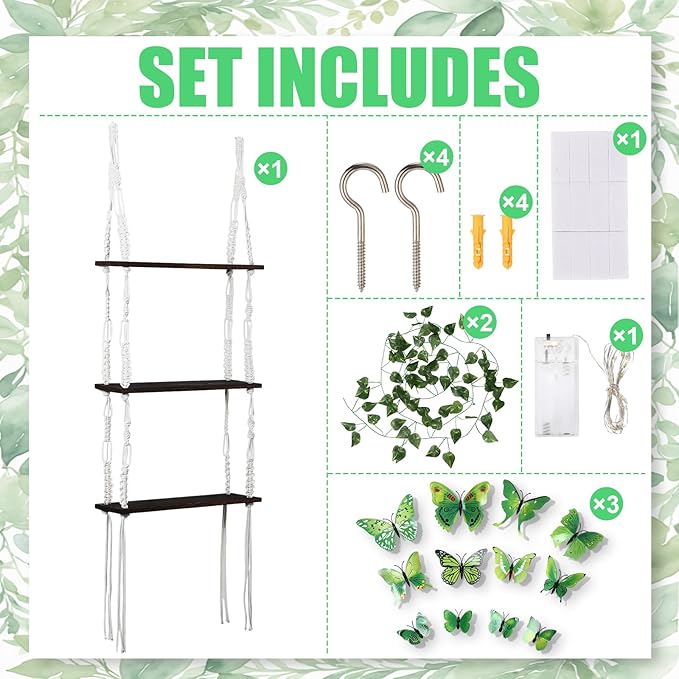 Novabright 3 Tier Macrame Wall Hanging Shelves with Artificial Ivy Leaves and Light, 36 3D Green Butterfly Wall Stickers, Wooden Floating Hanging Storage Shelves for Forest Room Decor