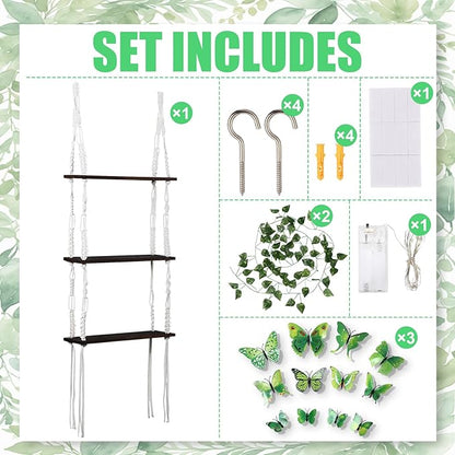 Novabright 3 Tier Macrame Wall Hanging Shelves with Artificial Ivy Leaves and Light, 36 3D Green Butterfly Wall Stickers, Wooden Floating Hanging Storage Shelves for Forest Room Decor