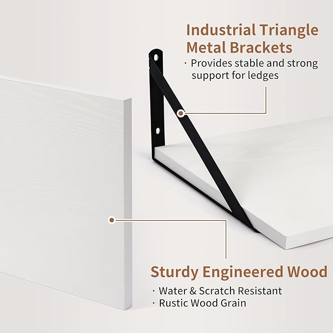 Axeman Deep Floating Shelves - 16 Inch Wide x 12 Inch Deep White Wall Shelves Set of 2-12 Inch Deep White Wood Shelves for Wall Storage & Decor
