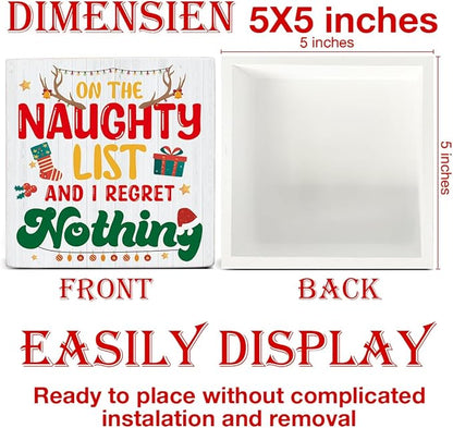 Funny Christmas Decor, Christmas Farmhouse Art Home Decorations, Plaque on the Naughty List and I Regret Nothing Black Wooden Sign Rustic Home Shelf Desk Decor 5 x 5 Inches