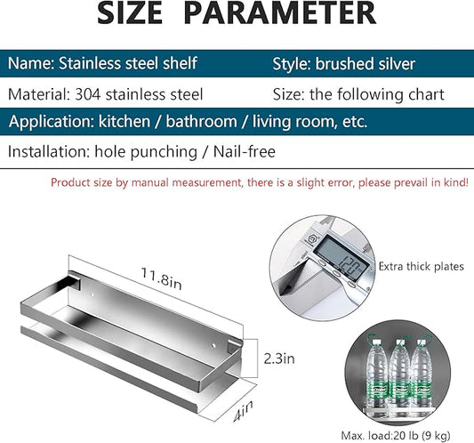 Rustproof Metal Storage Floating Shelves Wall Mounted Rectangular Shelf for Bedroom,Bathroom, Living Room, Kitchen, and Laundry Room,Nail-Free Wall-Mounted Shelves（11.8 Inch Silver）
