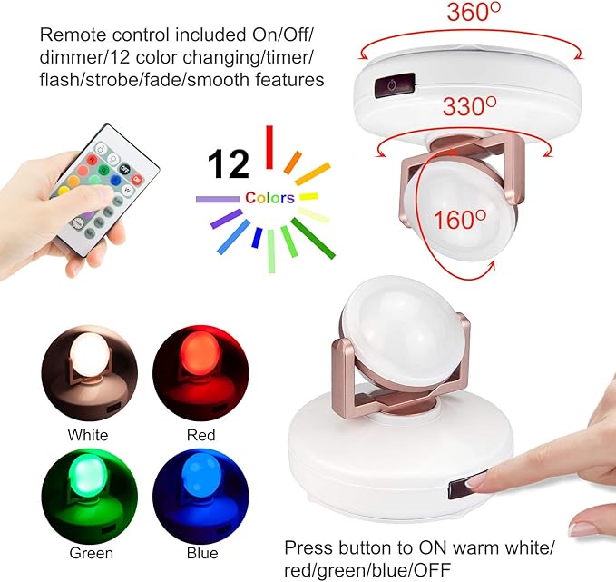 12 Colors Changing Accent Light, Rechargeable Picture Light with Remote, LED Dartboard Light, Puck Light with 330°Rotatable Light Head, Stick on Art Spotlight Indoor for Display, Painting