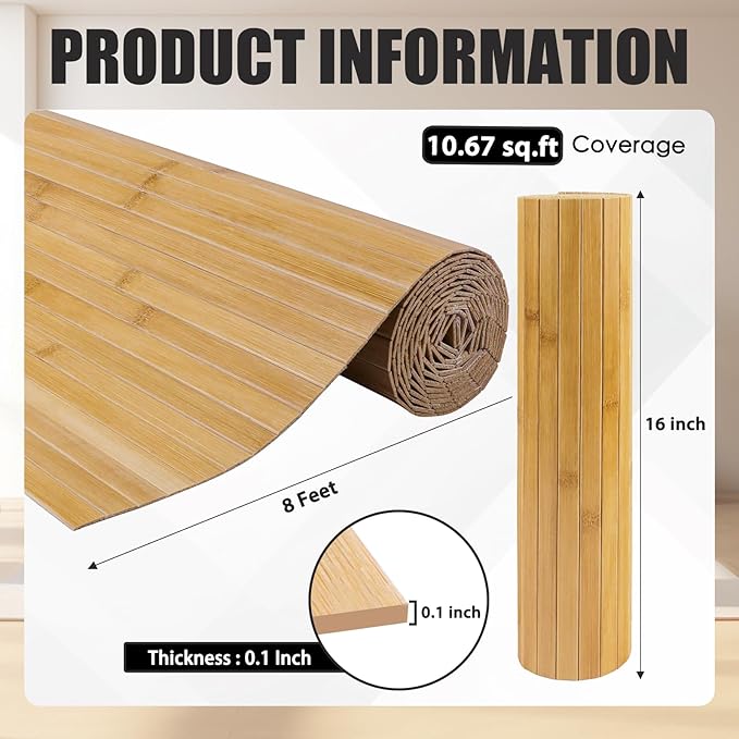 FONUNO Bamboo Wall Panel for Interior Decoration Bamboo Pole Wrap Roll Natural Wainscoting Paneling Decorative Wall Slat Covering for Living Room, Bedroom, Office (16 Inch x 96 Inch, Carbonized)