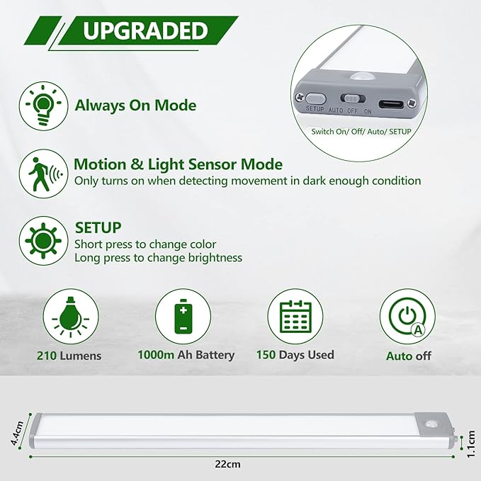 HIBOITEC Under Cabinet Lighting Motion Sensor Lights Indoor, 3 Color Temperatures Wireless Rechargeable Closet Light, Dimmable Under Counters Light for Kitchen, Wardrobe, Closets, Cupboard, 1Pack
