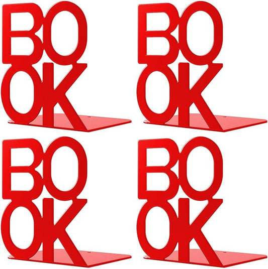 Book Ends - Decorative Metal Book Ends Supports for Bookrack Desk,Books, Unique Appearance Design,Heavy Duty (Red, 2 Pair)