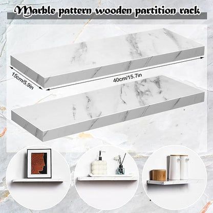 Pinkunn 3 Pcs Faux Marble Floating Shelves Modern Wooden Floating Shelf Wall Mount Organizer Decor for Home Bathroom Kitchen Storage and Display(White)