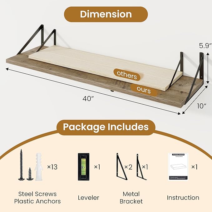 Floating Shelves for Wall,40" Wall Mounted Shelves Set of 2,Long Wood Floating Shelves,Hanging Wide Display & Storage Shelf with Metal Brackets for Bathroom,Bedroom,Kitchen,Living Room,Grey