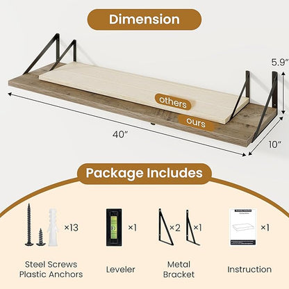 Floating Shelves for Wall,40" Wall Mounted Shelves Set of 2,Long Wood Floating Shelves,Hanging Wide Display & Storage Shelf with Metal Brackets for Bathroom,Bedroom,Kitchen,Living Room,Grey
