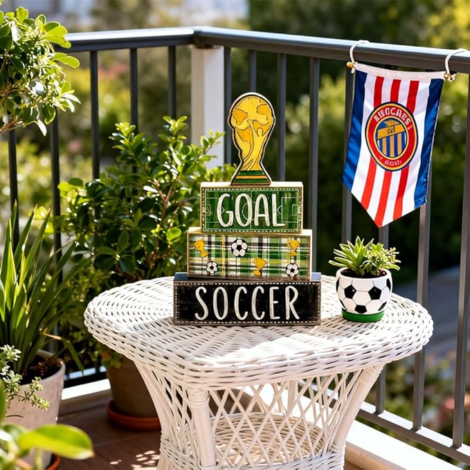 DIYDEC 4Pcs Soccer Tabletop Decorations Wooden Trophy Block Signs Gift Rustic Football Tiered Tray Decor Soccer Centerpiece World Cup Table Sign for Home Office Tabletop Fireplace Party Decor