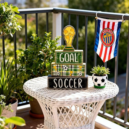 DIYDEC 4Pcs Soccer Tabletop Decorations Wooden Trophy Block Signs Gift Rustic Football Tiered Tray Decor Soccer Centerpiece World Cup Table Sign for Home Office Tabletop Fireplace Party Decor