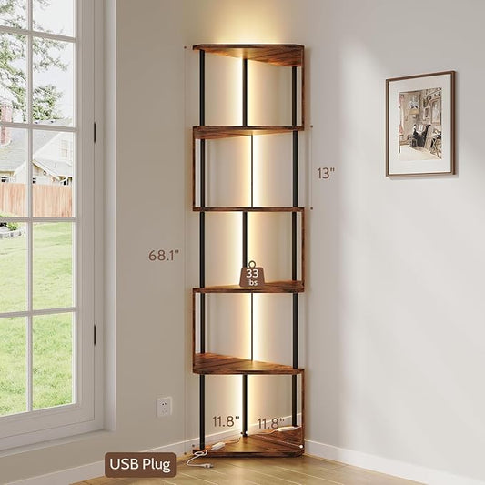Industrial Corner Shelf with LED Lights & Mirror-Effect Panels, 6-Tier Modern Corner Bookshelf with Remote Control Color-Changing Lights, Space-Saving Display Unit for Bedroom & Living Room