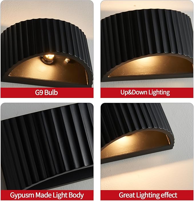 2 Pack Black Modern LED Wall Sconces Wall Lighting, Gypsum 3000K Warm White Indoor Hardwired Wall Mount Light Fixtures Lamp Up and Down for Living Room Bedroom Hallway Dining Room