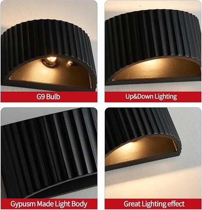 2 Pack Black Modern LED Wall Sconces Wall Lighting, Gypsum 3000K Warm White Indoor Hardwired Wall Mount Light Fixtures Lamp Up and Down for Living Room Bedroom Hallway Dining Room