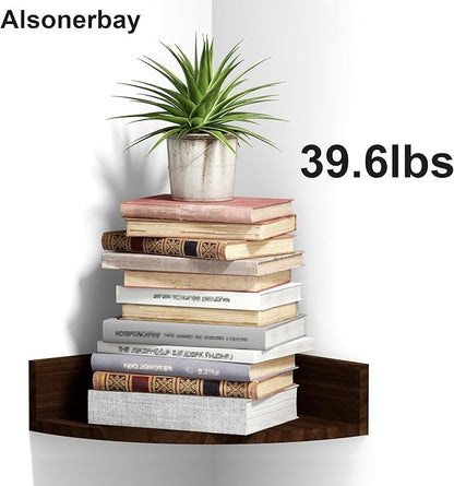 Alsonerbay Corner Shelf Wall Mount, Set of 3 Floating Shelves for Storage and Display, Rustic Wood Shelves for Bedroom, Kitchen, Living Room, Nursery and Office (Dark Brown)