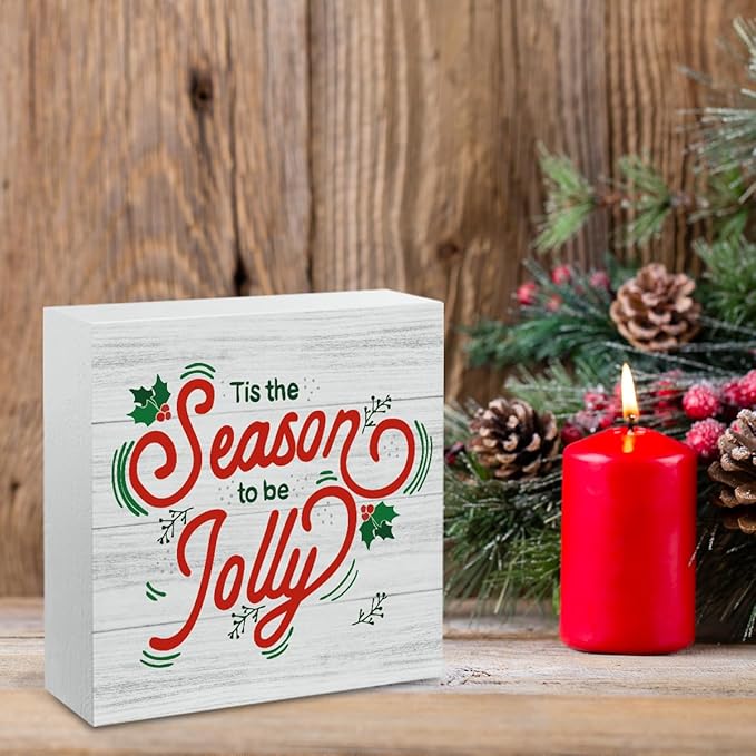 Christmas Decor Christmas Sign Decorations for Home Tis The Season Jolly Sign for Home Office Desk Table Cubicle Shelf Xmas Desk Accessories 5 x 5 inch