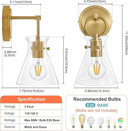 Gold Wall Sconces Set of 2 Modern Vanity Light Fixtures for Bathroom Wall Mount Lighting Lamp Hardwired Farmhouse Wall Lights with 6 Inch Clear Glass Shade for Bedroom Living Room Mirror
