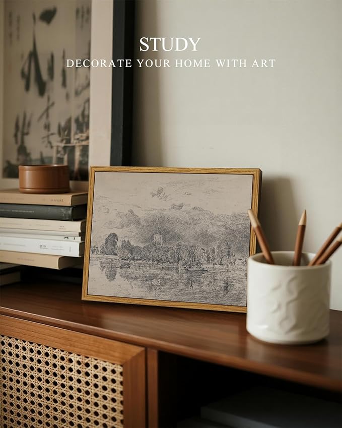 InSimSea Framed Canvas Print Art, Vintage Sketch Church lakeside Landscape Painting, Rustic Farmhouse Cottage Decor for Hallway Wall Floating Shelf Desk Vanity Fireplace,10x8 in, Neutral Tones