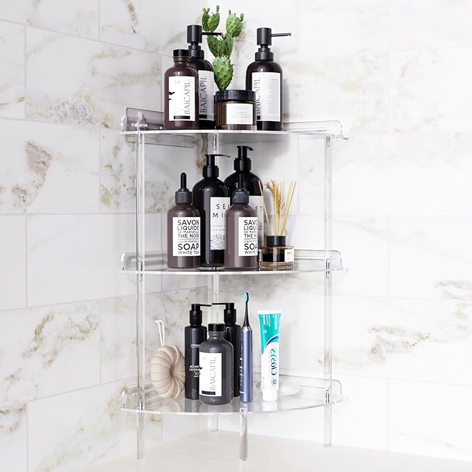 Corner Shower Caddy, 3 Tier Acrylic Shower Organizer Corner for Inside Shower, Rustproof Floor Standing Shower Shelves for Bathroom, Clear