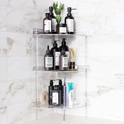 Corner Shower Caddy, 3 Tier Acrylic Shower Organizer Corner for Inside Shower, Rustproof Floor Standing Shower Shelves for Bathroom, Clear