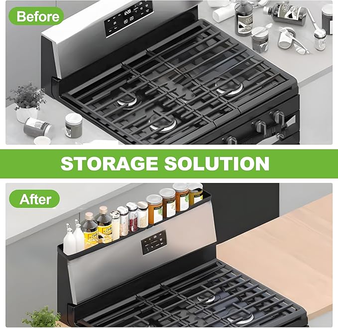 30 Inch Magnetic Stove Top Shelf | 3-Zone Kitchen Organizer with Anti-Slip & Anti-Fall Design | Heat Resistant (-40°F to 446°F) Food-Grade Silicone Spice Rack for Flat Stoves-Black