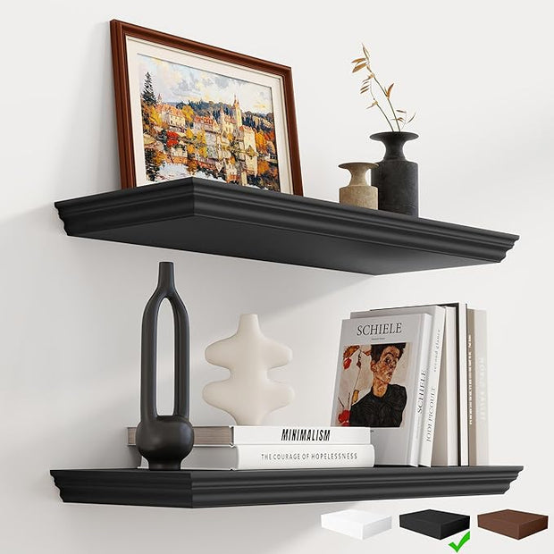 Fun Memories Floating Shelves 24 Inch Long, 9.3 Inch Deep Classic Crown Molding Floating Shelves for Wall, Rustic Wooden Shelves for Wall Decor Bathroom, Kitchen, Office, (Black, 2Pack)
