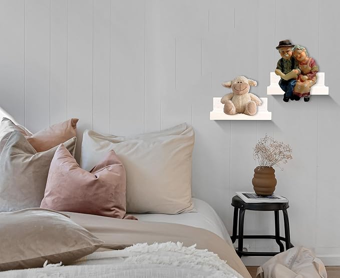 Z metnal Small Floating Shelves, Natural Wooden Display Wall Shelf for Picture Ledge, Nursery Floating Shelves, White, Wall Mounted, 8 x 5.5 inch, 2 Pcs
