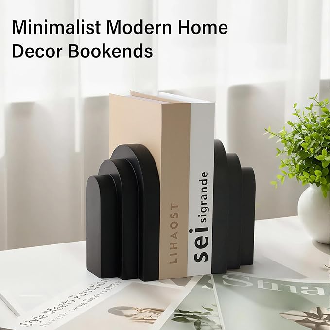 Heavy Duty Book Ends for Shelves, Decorative Bookends for Heavy Books Set of 2, 6.6 LBS Modern Book Stopper for Home Decor, Bookshelf, Aesthetic Bookend with Layered Arch Design, Black