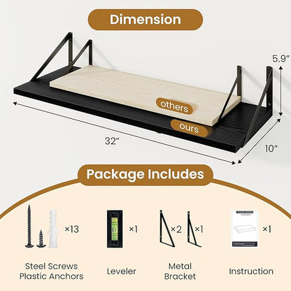 Floating Shelf for Wall,32" WX10 D Wood Floating Shelves with Sturdy Metal Bracket Set of 2,Wall Mounted Hanging Shelf for Bathroom,Bedroom,Kitchen,Black