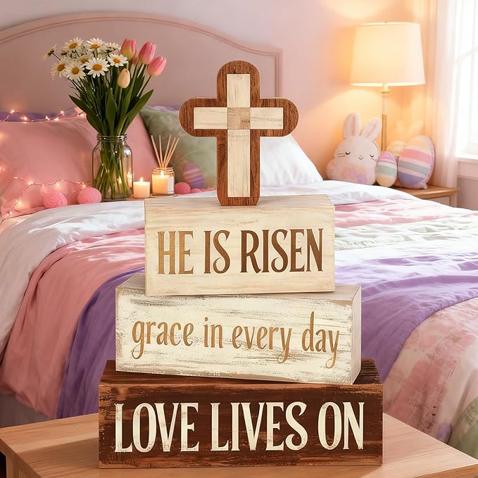 Easter Decorations - He Is Risen Cross Tiered Tray Decor - Religious Easter Wooden Tabletop Sign - Faith Farmhouse Easter Home Decor for Shelf Mantel Indoor - Spring Home Decor for Living Room, Kitchen Counter