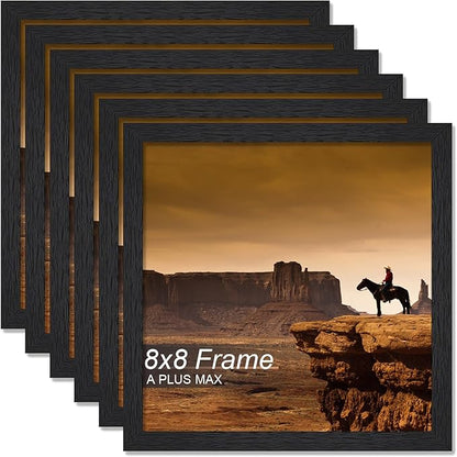 A PLUS MAX Square 8x8 Frame Set of 6, Black Engineered Wood Picture Frame for 8 x 8 Picture Poster Photo, Light Weight 8by8 Frame with Wood-grain for Wall - 6 Pack/Black/8"x8"