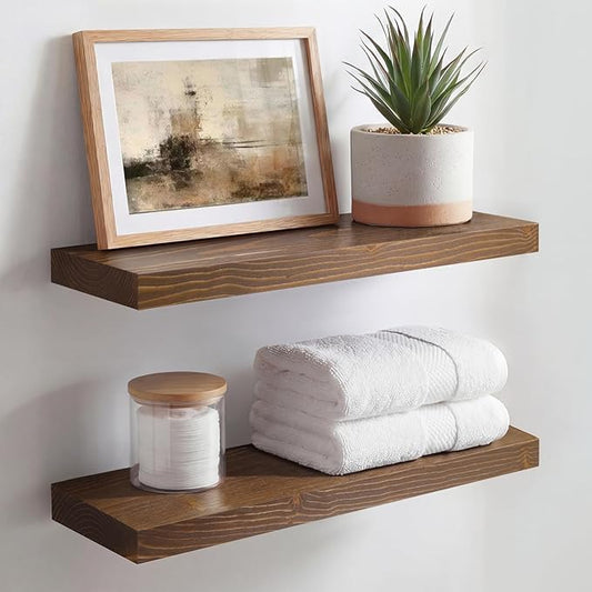 Homeforia Classic Walnut 18 inch Floating Shelf, High End Solid Real Wood Small 18inch Floating Shelves for Wall Mounted, 18in Floating Shelves, Heavy Duty Bracket, 18 X 6.5 X 1.75 inches, Set of 2