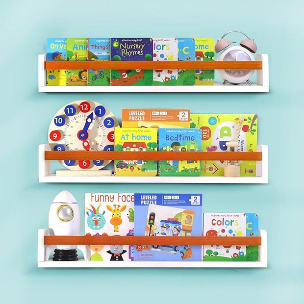 Floating Wall Nursery Book Shelves for Bedrooms Kids 24 Inch White Wooden Baby Book Shelf for Kids Rooms Set of 3 Nursery Shelves for Wall Mounted Honey Stain Toddler Bookshelf for Kids Wall