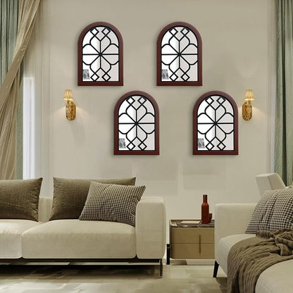 ZEXUIRU Set of 4 Arched Window Wall Mirror Rustic Farmhouse Accent Mirror Wood Framed Entry Wall Decoration for Living Room Bathroom Bedroom Kitchen
