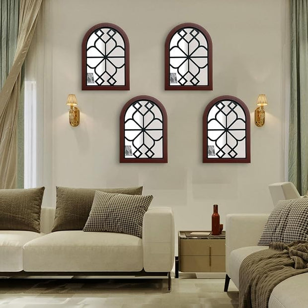 ZEXUIRU Set of 4 Arched Window Wall Mirror Rustic Farmhouse Accent Mirror Wood Framed Entry Wall Decoration for Living Room Bathroom Bedroom Kitchen