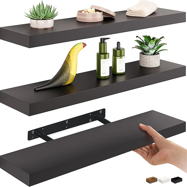 Ballucci Floating Shelves for Wall, 24" Wood Wall Mount Shelf Set of 3, Invisible Brackets Floating Shelf for Decor Living Room, Bathroom, Bedroom, Kitchen, 6" Depth, Black