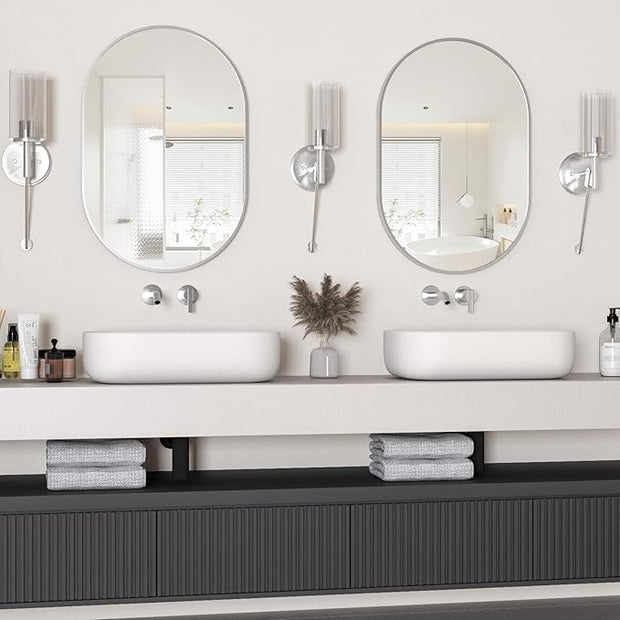Oval Bathroom Mirror Wall Vanity Oval Mirrors, 2 Pieces 20"x30" Silver Bathroom Mirrors for Over Sink Pill Mirrors Capsule Wall Mounted Mirror, Modern Mirror with Metal Frame for Wall Decor